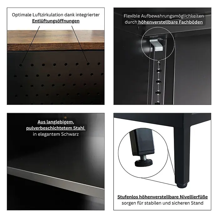 Proregal Metall-Mehrzweckschrank Mega Deal 3x LION + 3x Wandschrank ELEPHANT abschließbar - Vintagebraun/Schwarz - Schwarzer Stahlschrank mit Holzplatte, Lüftungsöffnungen, höhenverstellbaren Fachböden und Nivellierfüßen.