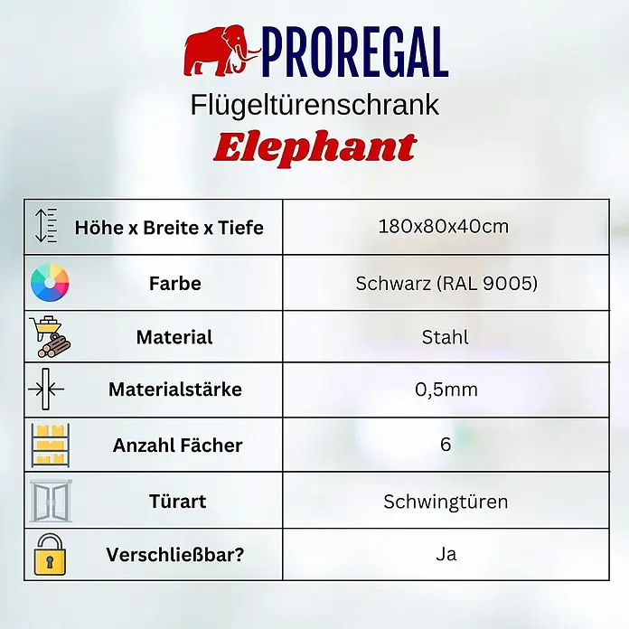 Proregal Metall-Mehrzweckschrank Mega Deal 2x ELEPHANT komplett montiert - Schwarz - Datentabelle für PROREGAL Elephant Flügeltürenschrank: 180x80x40cm, schwarz, Stahl, 6 Fächer, abschließbar.