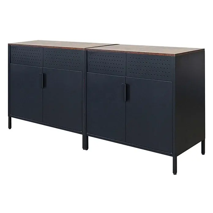 Proregal Metall-Mehrzweckschrank Mega Deal 2x LION mit Beinen & 2 Türen mit Magnetverschluss - Vintagebraun/Schwarz - Länglicher dunkler Metallschrank mit Holzplatte, perforierten Paneelen, Doppeltüren und schlanken Beinen.