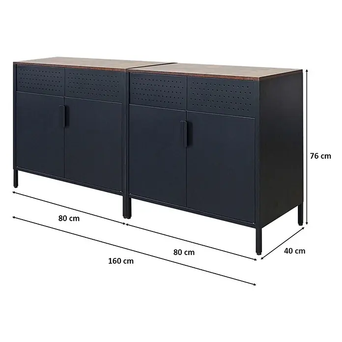 Proregal Metall-Mehrzweckschrank Mega Deal 2x LION mit Beinen & 2 Türen mit Magnetverschluss - Vintagebraun/Schwarz - Dunkelgraues Sideboard im Industriestil mit Holzplatte, vier Türen und perforierten Akzenten.