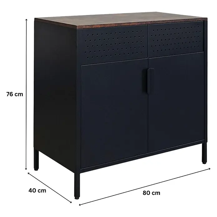Proregal Metall-Mehrzweckschrank LION mit Beinen & 2 Türen mit Magnetverschluss - Vintagebraun/Schwarz - Dunkler Metallschrank mit Holzplatte, Lochblechpaneelen und Türen auf Beinen.