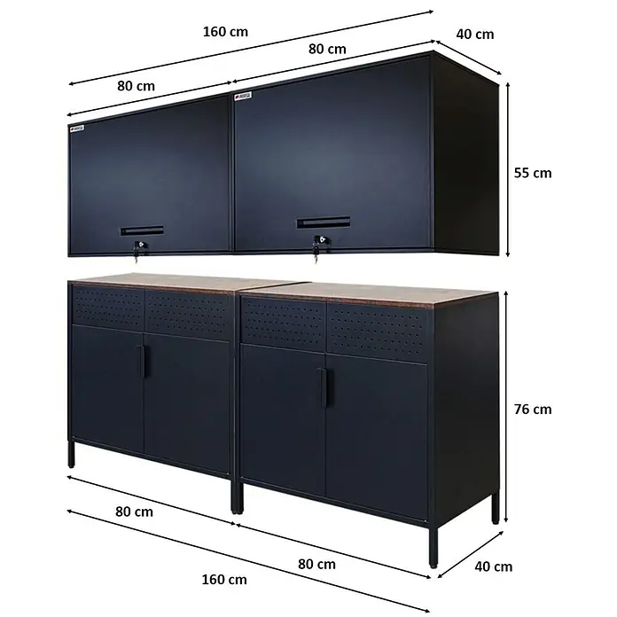 Proregal Metall-Mehrzweckschrank Mega Deal 2x LION + 2x Wandschrank ELEPHANT abschließbar - Vintagebraun/Schwarz - Schwarzes Werkstattschrank-Set aus Metall mit Hängeschränken und Unterschränken, alle mit Holzplatten, ideal zur Aufbewahrung.