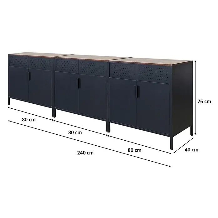 Proregal Metall-Mehrzweckschrank Mega Deal 3x LION mit Beinen & 2 Türen mit Magnetverschluss - Vintagebraun/Schwarz - Langer dunkler Metallschrank mit Holzplatte, bestehend aus drei Modulen, jedes mit zwei Türen und perforiertem Oberteil.