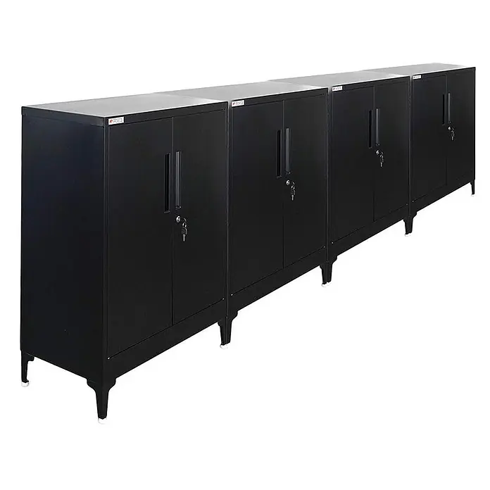 Proregal Metall-Mehrzweckschrank Mega Deal 4x ELEPHANT mit Beinen & 2 Türen, abschließbar - Schwarz - Reihe schwarzer Metallschränke mit Doppeltüren, Griffen, Schlössern und kurzen Beinen, ideal für Büro- oder Industrielagerung.