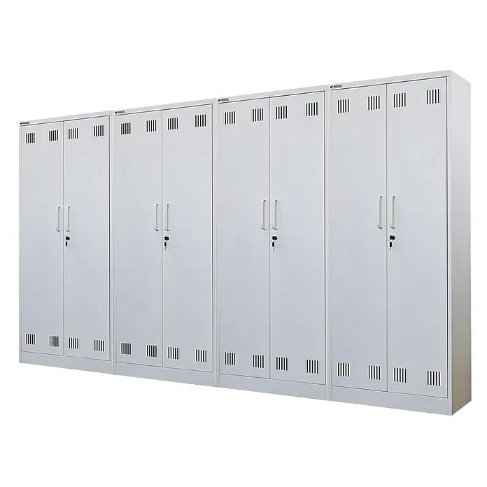 Proregal Metall-Mehrzweckschrank Mega Deal 4x RHINO mit 2 Türen, abschließbar - Weiß - Reihe weißer Metallschränke mit Doppeltüren, Griffen, Schlössern und Lüftungsschlitzen.