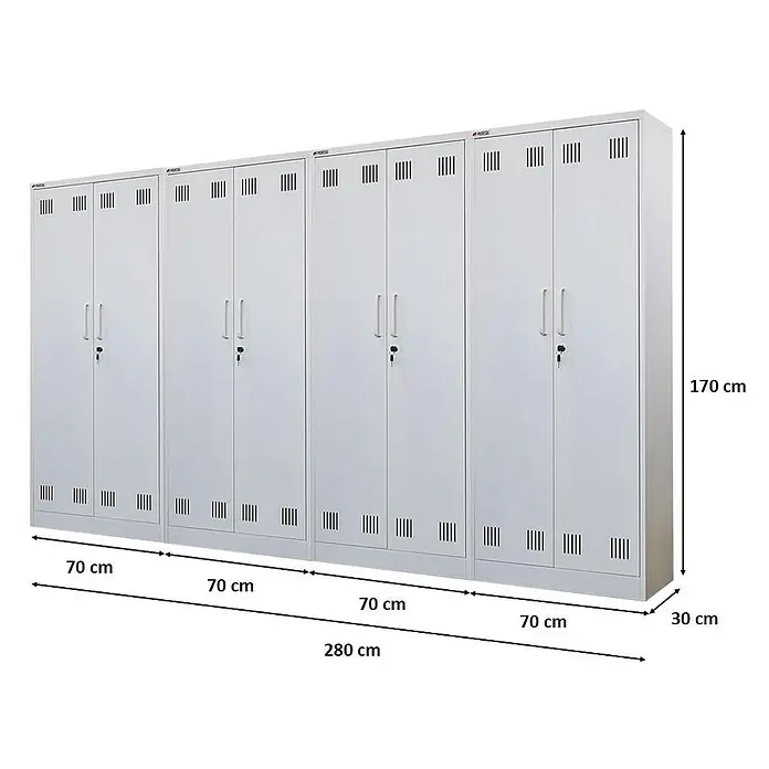 Proregal Metall-Mehrzweckschrank Mega Deal 4x RHINO mit 2 Türen, abschließbar - Weiß - Vier graue Spinde aus Metall mit Doppeltüren, 280x170x30 cm.