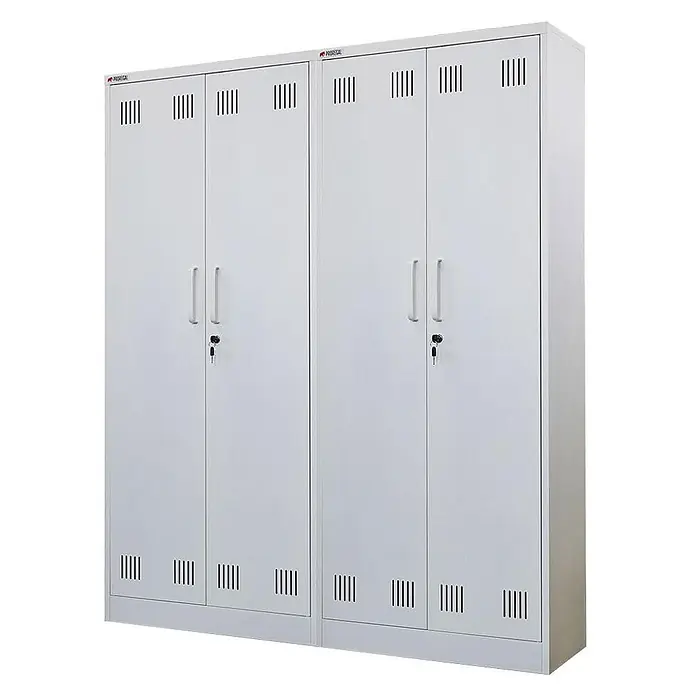 Proregal Metall-Mehrzweckschrank Mega Deal 2x RHINO mit 2 Türen, abschließbar - Weiß - Zwei weiße Metallschränke mit Doppeltüren, Lüftungsschlitzen, Griffen und Schlüsseln in den Schlössern.