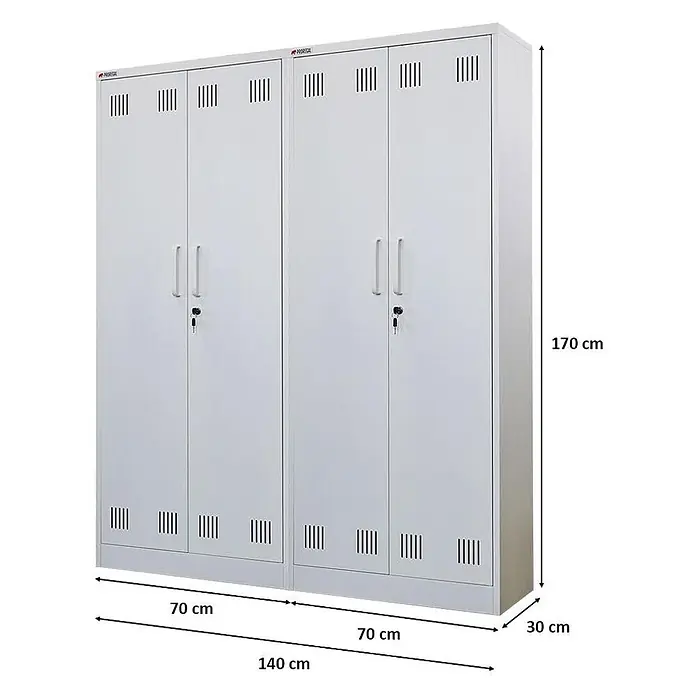 Proregal Metall-Mehrzweckschrank Mega Deal 2x RHINO mit 2 Türen, abschließbar - Weiß - Hellgrauer Metallschrank mit zwei Einheiten, je zwei Türen mit Griffen, Schlössern und Lüftungsschlitzen, Maße 170x140x30 cm.
