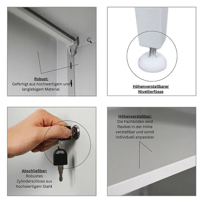 Proregal Metall-Mehrzweckschrank Mega Deal 3x ELEPHANT mit Beinen & 2 Türen, abschließbar - Lichtgrau - Details eines weißen Metallschranks: verstellbare Fachböden, robustes Stahlschloss, höhenverstellbare Nivellierfüße und langlebige Konstruktion.
