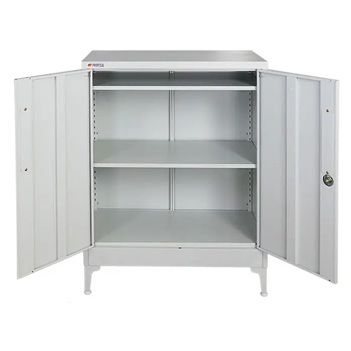 Proregal Metall-Mehrzweckschrank Mega Deal 3x ELEPHANT mit Beinen & 2 Türen, abschließbar - Lichtgrau - Heller grauer Metallschrank mit zwei geöffneten Türen und mehreren verstellbaren Regalböden auf Beinen.