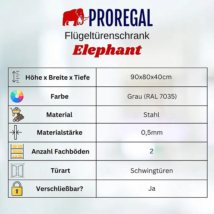 Proregal Metall-Mehrzweckschrank Mega Deal 3x ELEPHANT mit Beinen & 2 Türen, abschließbar - Lichtgrau - Spezifikationstabelle für den PROREGAL Elephant Flügeltürenschrank: Grau, Stahl, 90x80x40cm, 2 Fachböden, Schwingtüren, verschließbar.