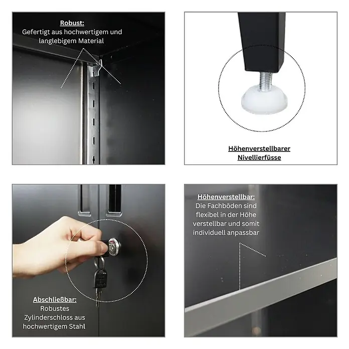 Proregal Metall-Mehrzweckschrank Mega Deal 2x ELEPHANT mit Beinen & 2 Türen, abschließbar - Schwarz - Dunkler Metallschrank, robust konstruiert mit höhenverstellbaren Füßen, abschließbaren Türen und verstellbaren Fachböden.