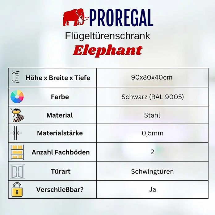 Proregal Metall-Mehrzweckschrank Mega Deal 2x ELEPHANT mit Beinen & 2 Türen, abschließbar - Schwarz - Schwarzer Stahl-Flügeltürenschrank (90x80x40cm) mit zwei Fachböden und abschließbaren Schwingtüren.