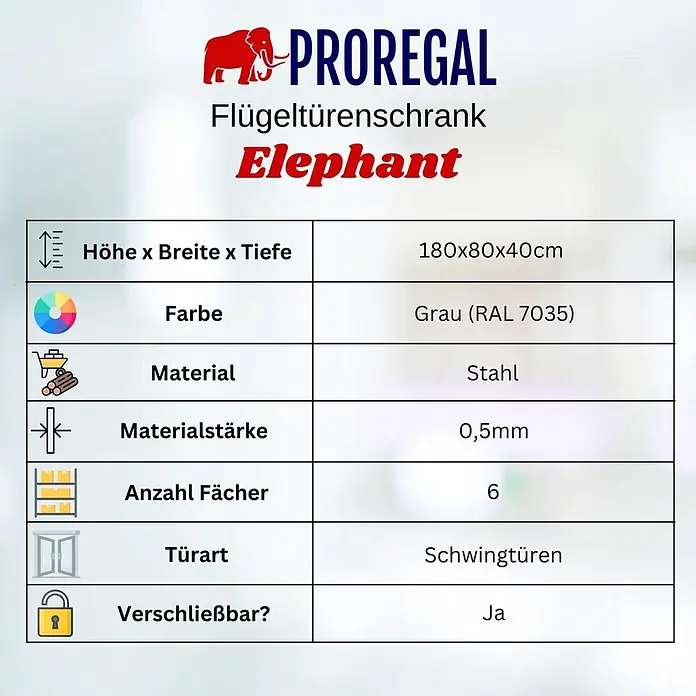 Proregal Metall-Mehrzweckschrank Mega Deal 4x ELEPHANT mit 2 Türen, abschließbar - 40 x 80 x 180 cm, Lichtgrau - Spezifikationen für PROREGAL Elephant Flügeltürenschrank aus grauem Stahl.
