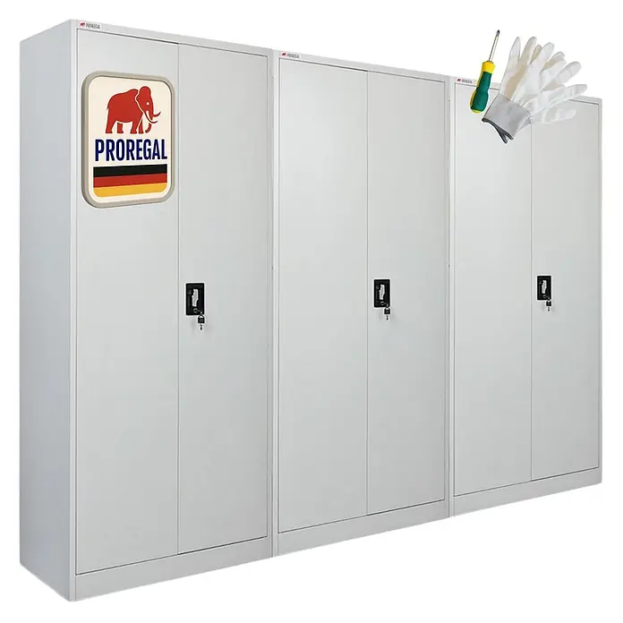Proregal Metall-Mehrzweckschrank Mega Deal 3x ELEPHANT mit 2 Türen, abschließbar - 40 x 80 x 180 cm, Lichtgrau - Drei graue PROREGAL Metallschränke mit Schlössern, dazu Montagewerkzeuge.