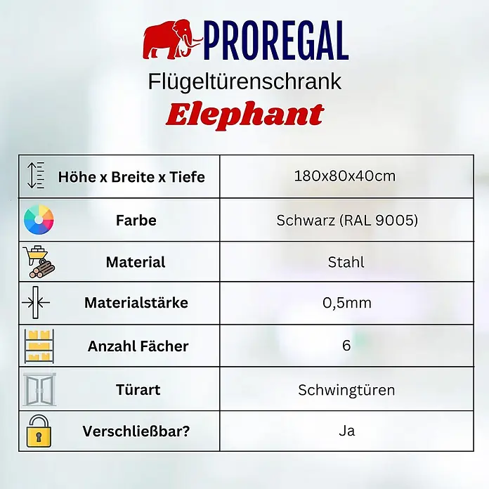 Proregal Metall-Mehrzweckschrank Mega Deal 2x ELEPHANT mit 2 Türen, abschließbar - Schwarz - Spezifikationen für PROREGAL Elephant Flügeltürenschrank: schwarz, Stahl, 180x80x40cm, 6 Fächer, abschließbar.