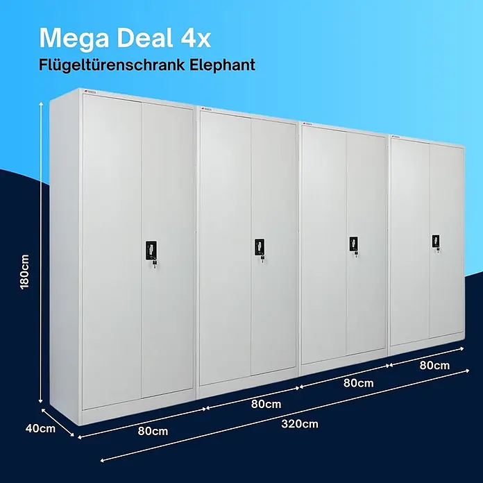 Proregal Metall-Mehrzweckschrank Mega Deal 4x ELEPHANT mit 2 Türen, abschließbar - 40 x 80 x 180 cm, Lichtgrau - Vier weiße Metall-Flügeltürenschränke 'Elephant', je 180x80x40cm, Gesamtbreite 320cm.