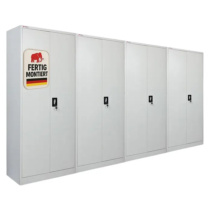 Proregal Metall-Mehrzweckschrank Mega Deal 4x ELEPHANT komplett montiert - 40 x 80 x 180 cm, Lichtgrau - Hellegraue Metallschränke mit Schlössern. Der erste Schrank hat einen "FERTIG MONTIERT"-Aufkleber mit Elefant und deutscher Flagge.