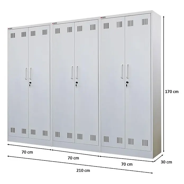 Proregal Metall-Mehrzweckschrank Mega Deal 3x RHINO mit 2 Türen, abschließbar - Weiß - Drei weiße Metallschränke mit Doppeltüren, Schlössern und Belüftung, geeignet für persönliche Lagerung. Gesamtmaße: 210x170x30 cm.