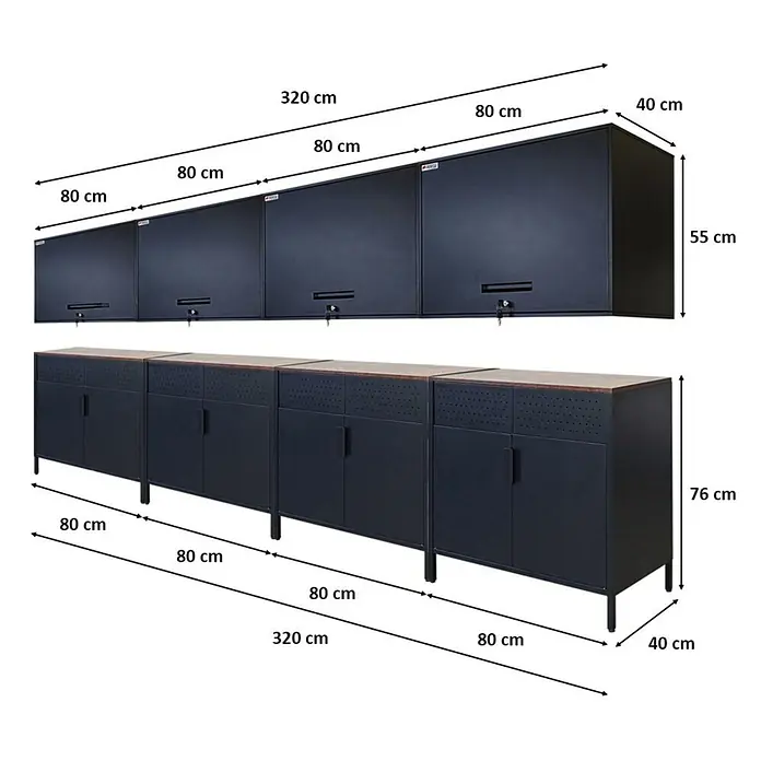 Proregal Metall-Mehrzweckschrank Mega Deal 4x LION + 4x Wandschrank ELEPHANT abschließbar - Vintagebraun/Schwarz - Dunkelgraues Metall-Garagenschranksystem mit vier Hängeschränken (320x40x55cm) und vier Unterschränken mit Holzplatten (320x40x76cm).