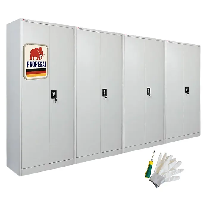 Proregal Metall-Mehrzweckschrank Mega Deal 4x ELEPHANT mit 2 Türen, abschließbar - 40 x 80 x 180 cm, Lichtgrau - Vier hellgraue Stahlschränke mit Schlössern und Schlüsseln, mit "PROREGAL"-Logo. Montagehandschuhe und Schraubendreher enthalten.