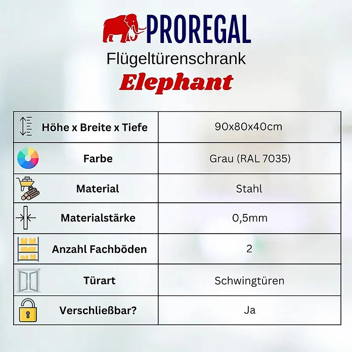Proregal Metall-Mehrzweckschrank ELEPHANT mit Beinen & 2 Türen, abschließbar - Lichtgrau - Grauer Stahlschrank 'Elephant' von PROREGAL mit Flügeltüren, 90x80x40cm, zwei Fachböden und abschließbar.