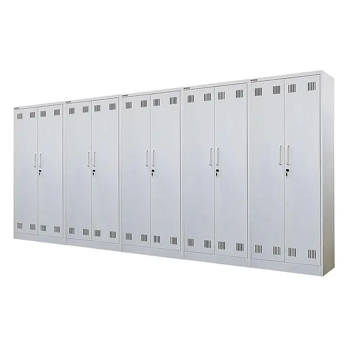 Proregal Metall-Mehrzweckschrank Mega Deal 5x RHINO mit 2 Türen, abschließbar - Weiß - Reihe hellgrauer Metall-Doppeltür-Spinde mit Griffen, Schlössern und Lüftungsschlitzen.