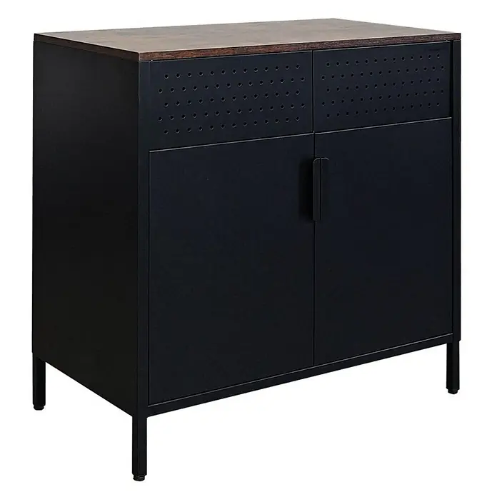 Proregal Metall-Mehrzweckschrank Mega Deal 4x LION mit Beinen & 2 Türen mit Magnetverschluss - Vintagebraun/Schwarz - Schwarzer Metallschrank mit brauner Holzplatte, perforierten oberen Fächern, zwei unteren Türen mit Griffen, auf schwarzen Beinen.