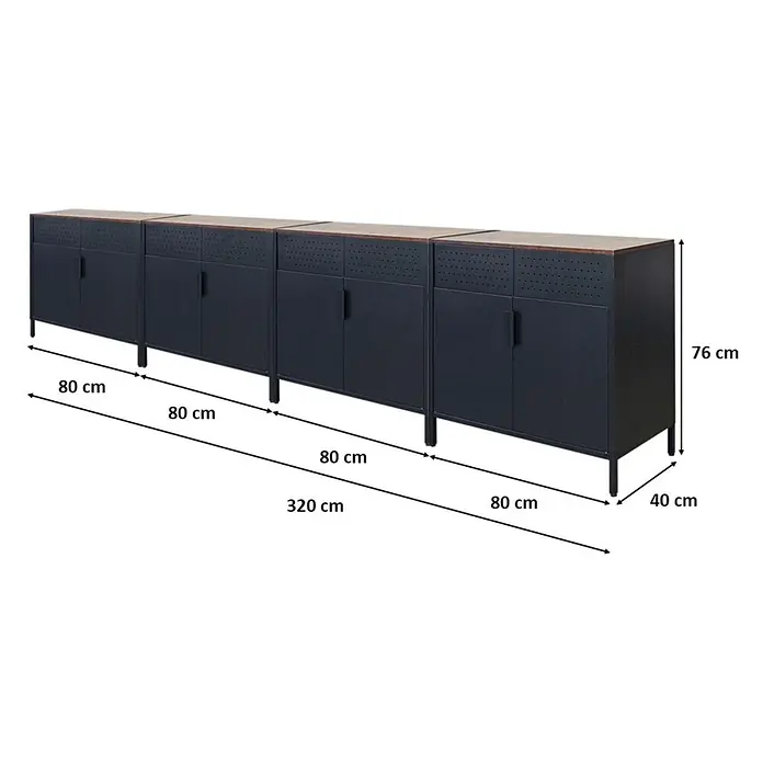 Proregal Metall-Mehrzweckschrank Mega Deal 4x LION mit Beinen & 2 Türen mit Magnetverschluss - Vintagebraun/Schwarz - Langer dunkelblauer Metallschrank mit Holzplatte, 320x76x40 cm, vier Einheiten mit Türen auf Beinen.