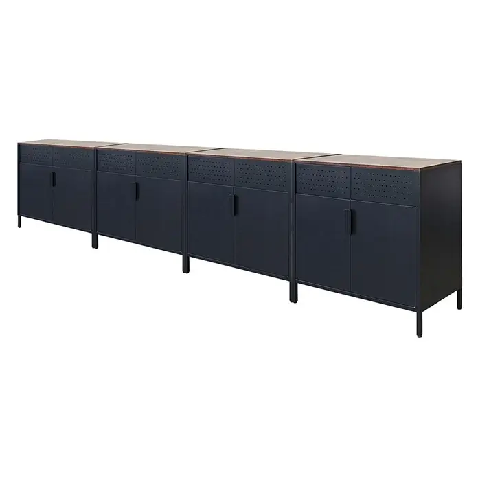 Proregal Metall-Mehrzweckschrank Mega Deal 4x LION mit Beinen & 2 Türen mit Magnetverschluss - Vintagebraun/Schwarz - Langes modulares dunkles Metallschränkchen mit Holzplatte, perforierten oberen Paneelen und schlanken Beinen.