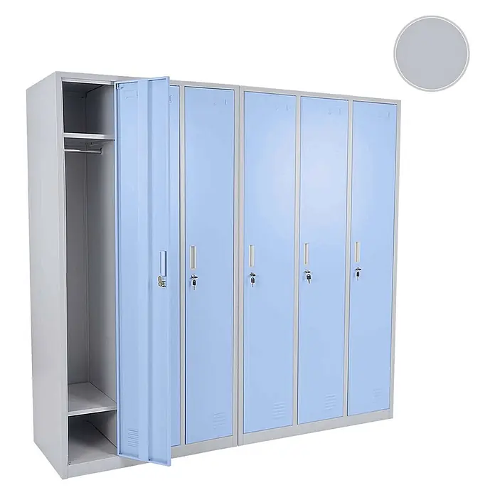 Proregal Spind Saturn - Blau, Vormontiert, Anzahl Fächer: 6 Stk. - Hellblauer und grauer Metallspind mit mehreren Fächern, eines offen mit Regalböden und Kleiderstange.