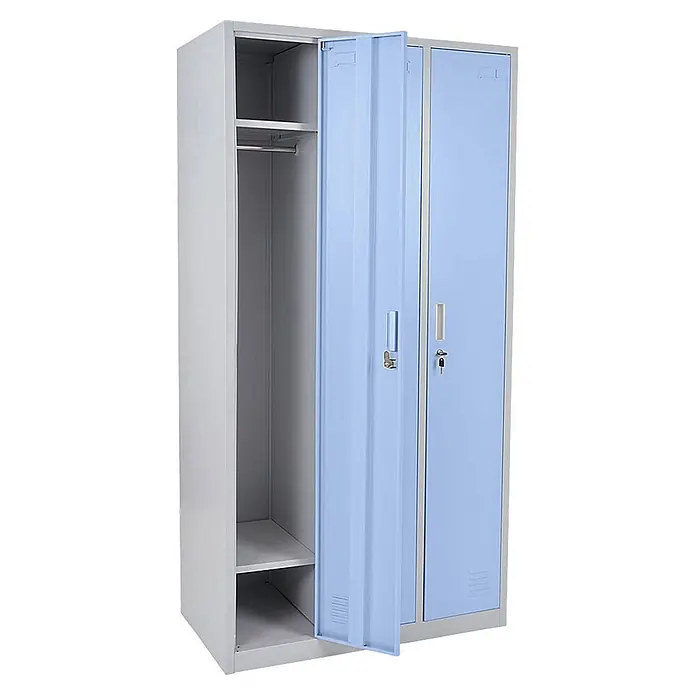 Proregal Spind Saturn - Blau, Vormontiert, Anzahl Fächer: 3 Stk. - Hellgrauer und blauer zweitüriger Metallschrank, eine Tür offen zeigt Regale und eine Kleiderstange.