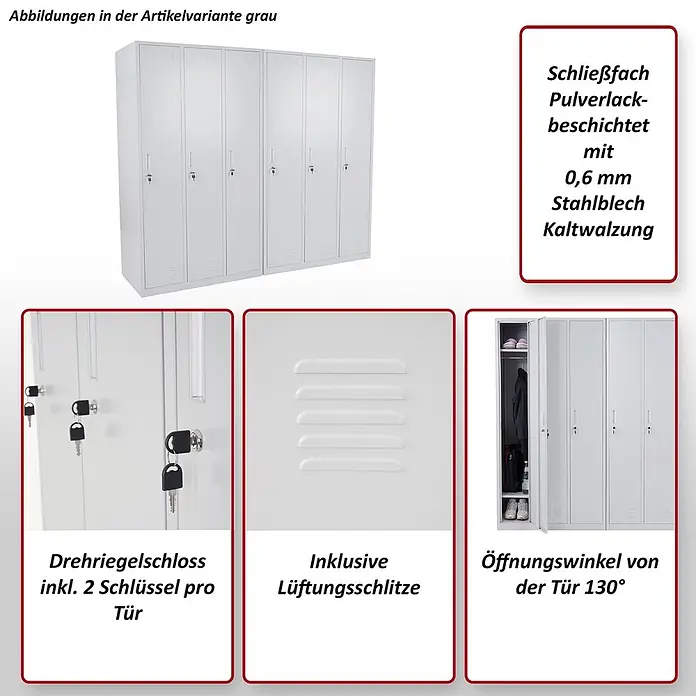 Proregal Spind Saturn - Blau, Vormontiert, Anzahl Fächer: 3 Stk. - Grauer, pulverbeschichteter Stahlschließfachschrank mit mehreren Fächern, Schlüsseln und Lüftungsschlitzen.