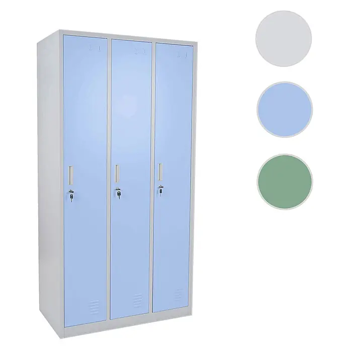 Proregal Spind Saturn - Blau, Vormontiert, Anzahl Fächer: 3 Stk. - Dreitüriger Metallspind mit hellblauen Türen und Einzelschlössern. Graue, blaue und grüne Farboptionen sind abgebildet.