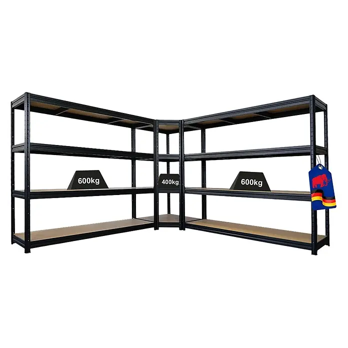 Proregal Schwerlastregal Mega Deal RAGNAR Eckregal + 2 Steckregal - Traglast pro Boden: 400 kg, Anzahl Böden: 4 Stk., Stecken, Schwarz - Schwerlast Eckregal aus schwarzem Metall mit Holzablagen.