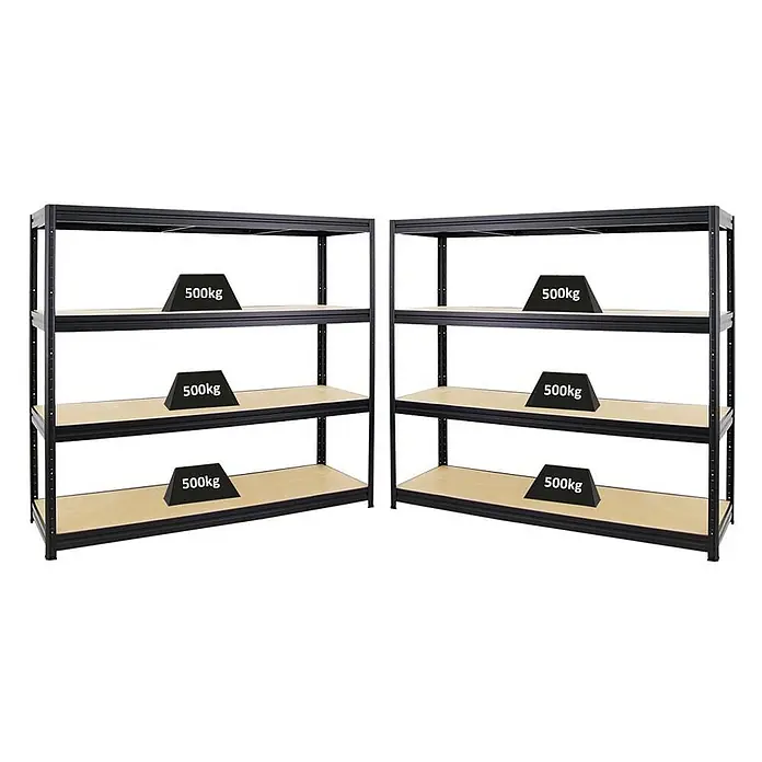 Proregal Schwerlastregal Mega Deal RAGNAR Eckregal + 2 Steckregal - Traglast pro Boden: 400 kg, Anzahl Böden: 4 Stk., Stecken, Schwarz - Zwei schwarze Metall-Schwerlastregale mit Holzböden, die eine Tragfähigkeit von 500 kg pro Boden zeigen.