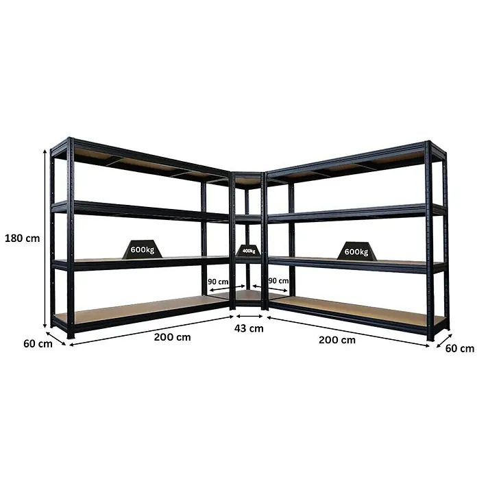 Proregal Schwerlastregal Mega Deal RAGNAR Eckregal + 2 Steckregal - Traglast pro Boden: 400 kg, Anzahl Böden: 4 Stk., Stecken, Schwarz - Schwarzes L-förmiges Metallregal mit Holzbrettern, zeigt Maße und Traglast für Lagerung.