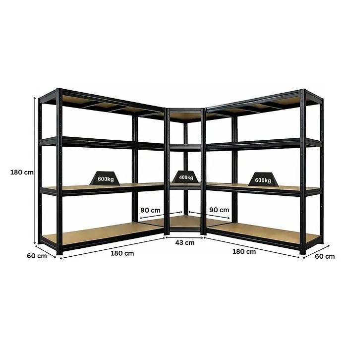 Proregal Schwerlastregal Mega Deal RAGNAR Eckregal + 2 Steckregal - Traglast pro Boden: 400 kg, Anzahl Böden: 4 Stk., Stecken, Schwarz - Schwarzes Metall-Eckregal mit Holzbrettern, Maße und Traglasten bis 600 kg.