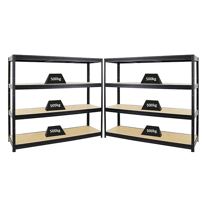 Proregal Schwerlastregal Mega Deal RAGNAR Eckregal + 2 Steckregal - Traglast pro Boden: 400 kg, Anzahl Böden: 4 Stk., Stecken, Schwarz - Zwei schwarze Schwerlastregale aus Metall mit Holzablagen, jede Ablage für 500kg ausgelegt.
