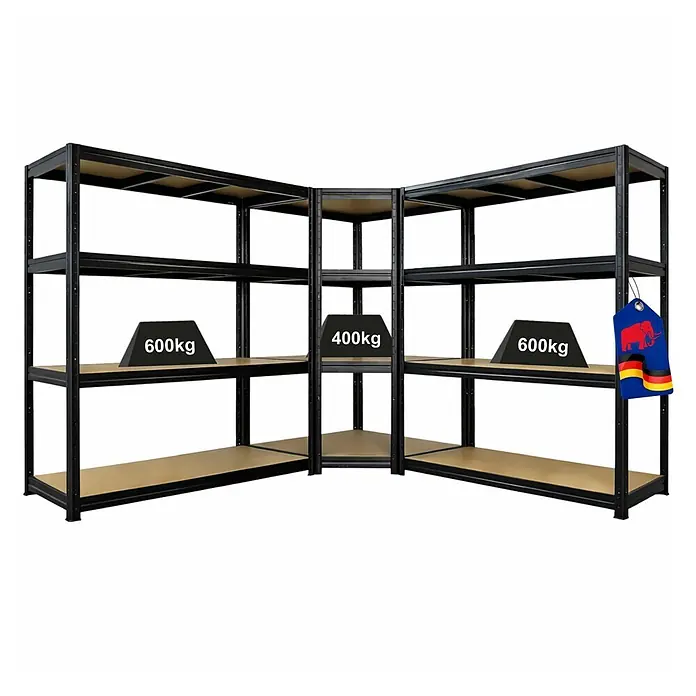 Proregal Schwerlastregal Mega Deal RAGNAR Eckregal + 2 Steckregal - Traglast pro Boden: 400 kg, Anzahl Böden: 4 Stk., Stecken, Schwarz - Robustes schwarzes L-förmiges Metalleckregal mit Holzböden.