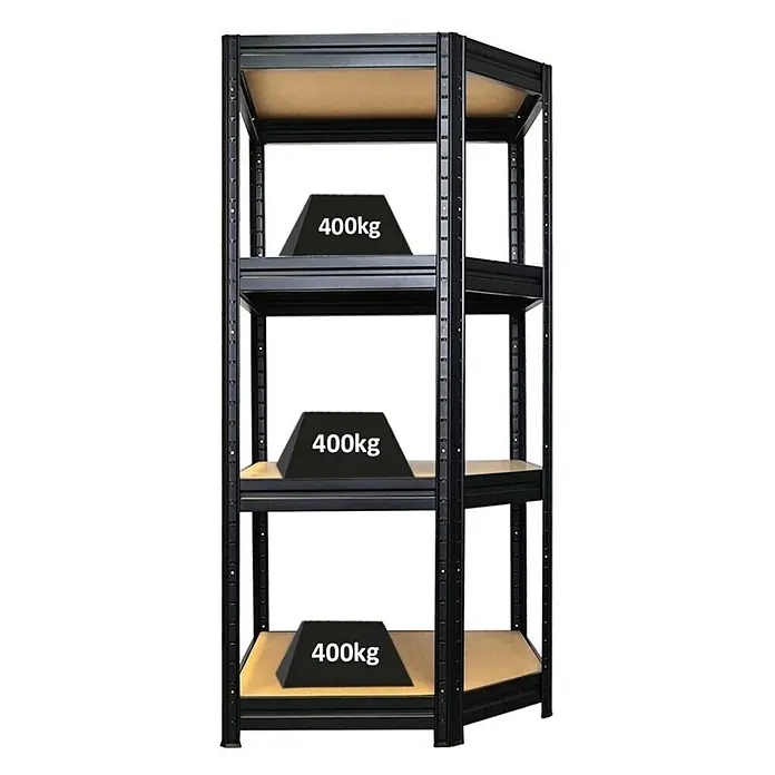 Proregal Schwerlastregal Eckregal DINO - Traglast pro Boden: 400 kg, Anzahl Böden: 4 Stk., Stecken, Schwarz - Schwarzes Metallregal mit Holzablagen, Eckdesign, 400kg Traglast pro Regal.