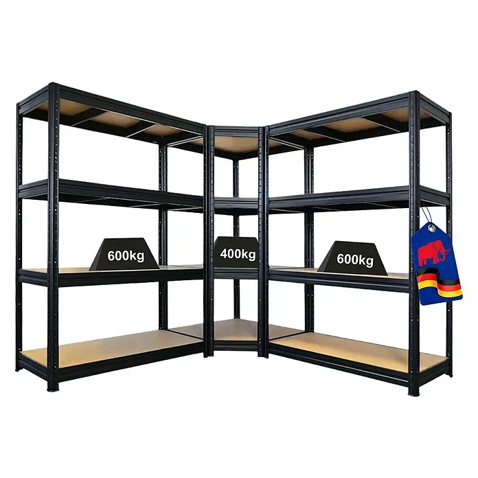 Proregal Schwerlastregal Mega Deal RAGNAR Eckregal + 2 Steckregal - H x B x T: 180 x 210 x 60 cm, Traglast pro Boden: 400 kg, Anzahl Böden: 4 Stk., Stecken, Schwarz - Schwarzes Eckregal aus Metall mit Holzböden, das eine hohe Tragfähigkeit zeigt.