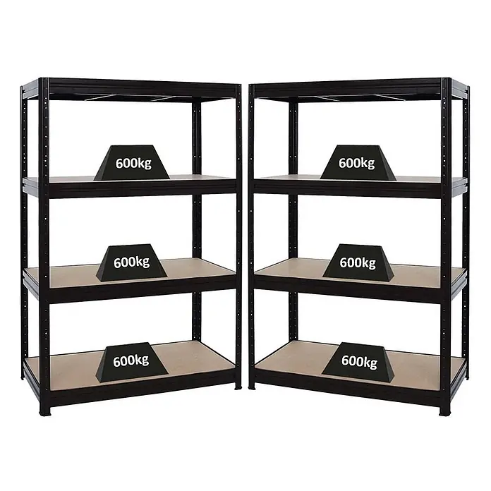 Proregal Schwerlastregal Mega Deal RAGNAR Eckregal + 2 Steckregal - H x B x T: 180 x 210 x 60 cm, Traglast pro Boden: 400 kg, Anzahl Böden: 4 Stk., Stecken, Schwarz - Zwei schwarze Metall-Schwerlastregale mit je 3 Böden, die eine Tragkraft von 600 kg pro Boden zeigen.