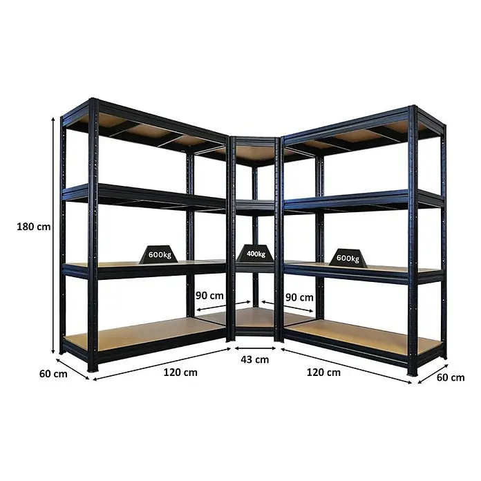 Proregal Schwerlastregal Mega Deal RAGNAR Eckregal + 2 Steckregal - H x B x T: 180 x 210 x 60 cm, Traglast pro Boden: 400 kg, Anzahl Böden: 4 Stk., Stecken, Schwarz - Schwarzes, robustes L-förmiges Eckregal aus Metall mit Holzregalböden. Maße: 180cm H, 60cm T, mit 120cm und 90cm breiten Abschnitten.