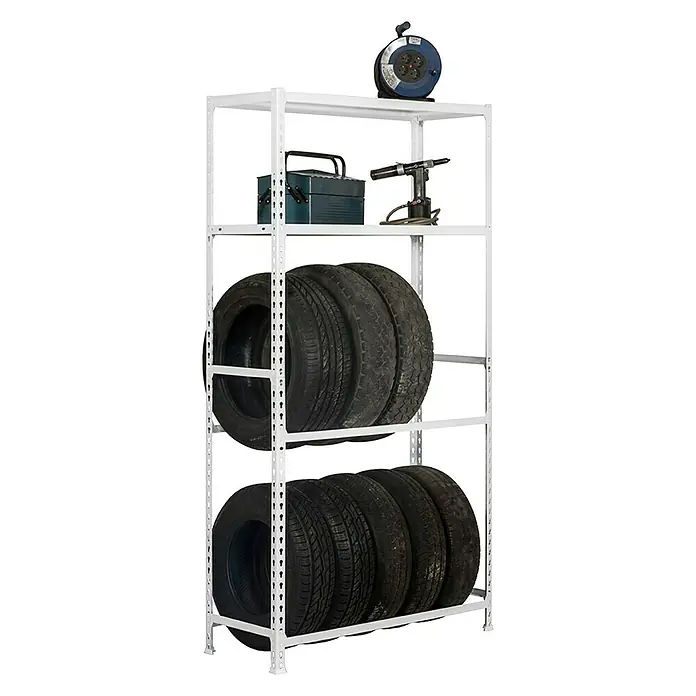 Simonrack Simonauto Reifenregal Simongarage Plus - H x B x T: 200 x 100 x 40 cm, Traglast pro Träger: 200 kg, Anzahl Böden: 2 Stk., Stecken, Weiß - Weißes Regal mit Reifen, Werkzeugkasten, Nietpistole und Kabelaufroller zur Aufbewahrung von Autozubehör in der Werkstatt.