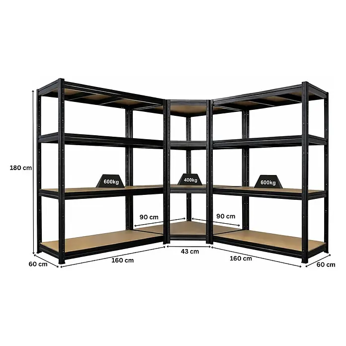 Proregal Schwerlastregal Mega Deal RAGNAR Eckregal + 2 Steckregal - Traglast pro Boden: 400 kg, Anzahl Böden: 4 Stk., Stecken, Schwarz - Schwarzes, hochbelastbares Eckregal mit vier hellbraunen Böden, 180 cm hoch, 60-90 cm tief, 400kg und 600kg Traglast pro Boden.