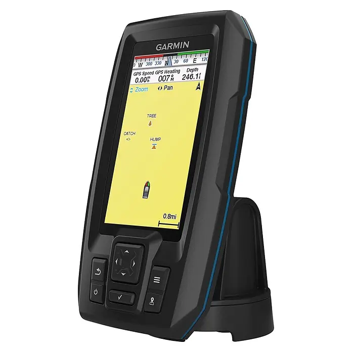 Garmin Fishfinder Striker Vivid 4cv - Geber: GT20 Geber, Bildschirmtyp: WVGA-Farbdisplay - Schwarzes Garmin GPS-Fischfindergerät mit blauer Zierleiste, zeigt Geschwindigkeit, Kurs, Tiefe und eine Karte mit Boot, Baum und Hump-Wegpunkten an.