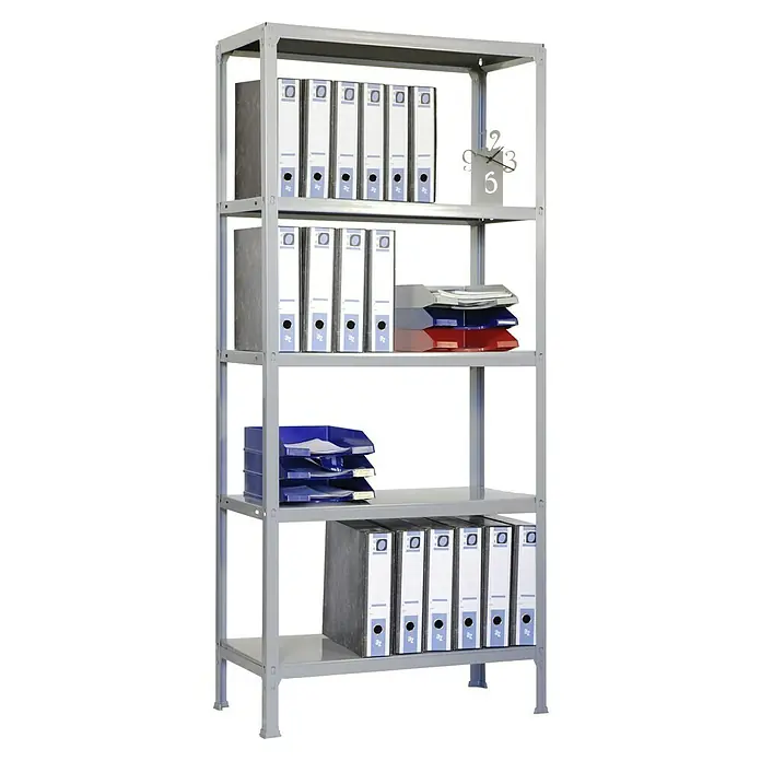 Simonrack Simonhome Estantería metálica Plus - Al x An x Pr: 180 x 100 x 30 cm, Capacidad de carga por balda: 150 kg, Número de baldas: 5 ud., Inserción, Gris - Una estantería metálica gris con cinco estantes, llena de carpetas, bandejas y un reloj decorativo. Ideal para la organización de la oficina.