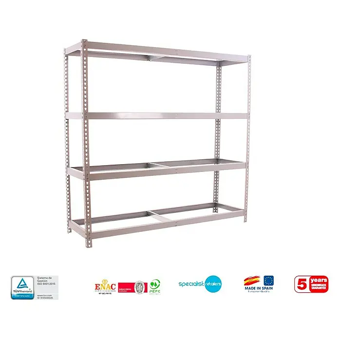 Simonrack Simonforte Estantería para cargas pesadas - Al x An x Pr: 200 x 150 x 45 cm, Número de baldas: 4 ud., Inserción, Galvanizado, Capacidad de carga por balda: 600 kg - Una estantería metálica gris con cuatro niveles, ideal para almacenamiento y organización, presentada sobre un fondo neutro.