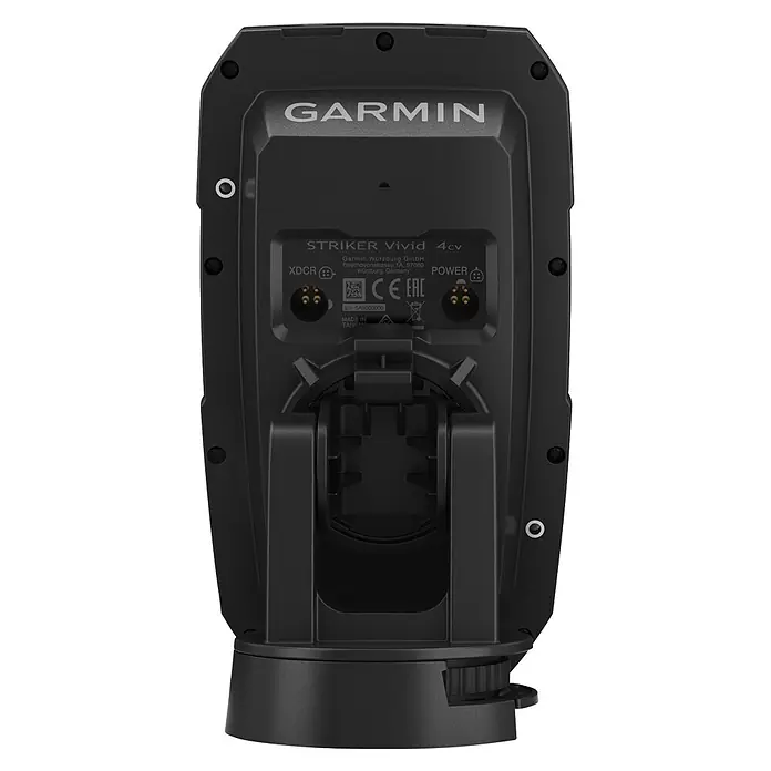 Garmin Fishfinder Striker Vivid 4cv - Geber: GT20 Geber, Bildschirmtyp: WVGA-Farbdisplay - Schwarzer Garmin Striker Vivid 4cv Fischfinder, Rückansicht mit XDCR- und Stromanschlüssen auf dem Ständer.